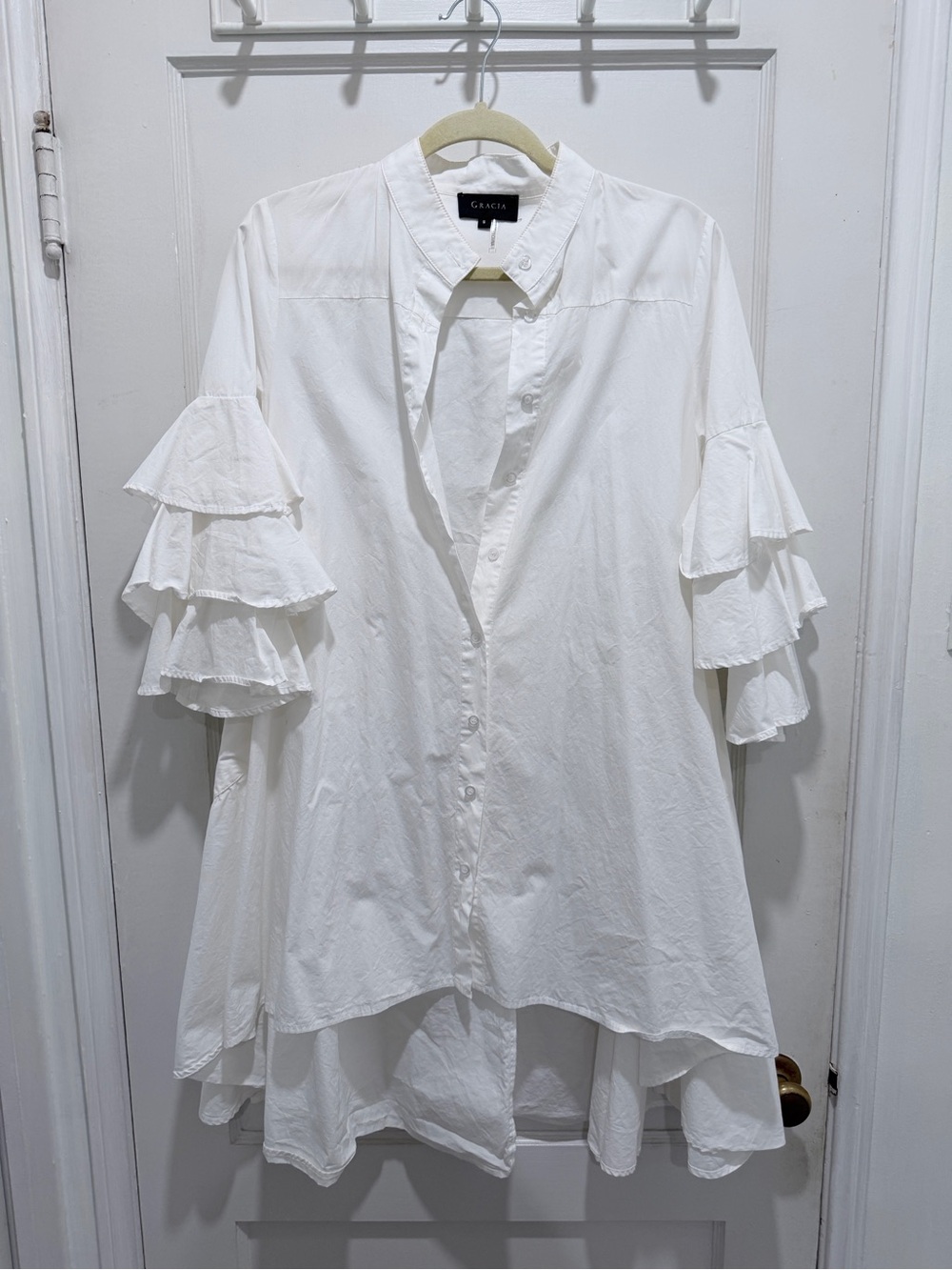 Gracia White Tiered Ruffle Button-Down Blouse